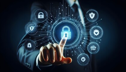 Digital cybersecurity interface with hand pointing at lock icon on dark background.