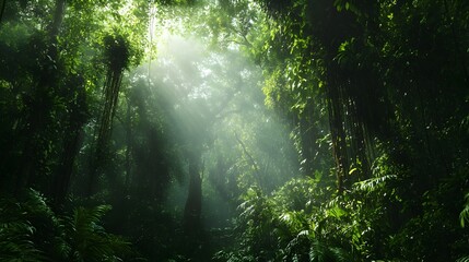 Fototapeta premium Mysterious and untouched tropical rainforest scene with towering trees covered in vines a dense canopy that barely allows sunlight to filter through creating a serene and primordial atmosphere
