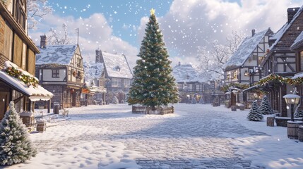 Fototapeta premium Snowy Town Square with Christmas Tree Lights