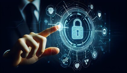 Digital cybersecurity interface with hand pointing at lock icon on dark background.