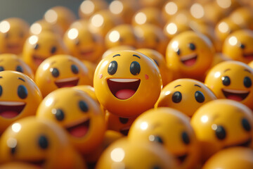 group of yellow emoji balls with happy smiling faces arranged in rows on white background