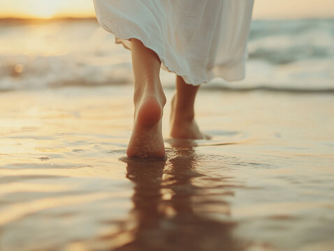 woman walking barefoot on wet beach sand at sunset with white dress flowing