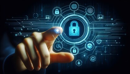 Digital cybersecurity interface with hand pointing at lock icon on dark background.