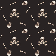 hand-drawn color illustration of humens bones, dangerous deadly death theme in watercolor