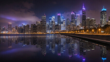 A stunning night view of a city skyline with bright lights reflecting on a calm body of water.