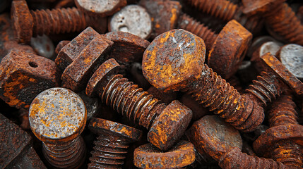 Close-up of rusted screws and bolts with pitted surfaces and corroded metal