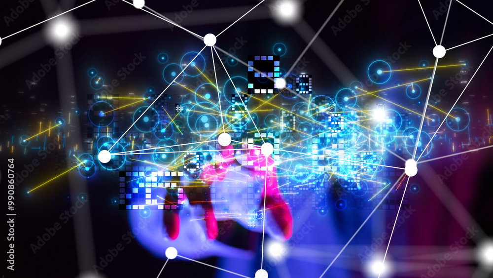 Poster neural network 3d illustration. big data and cybersecurity