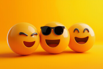 three orange emoji balls with sunglasses and happy expressions on yellow background