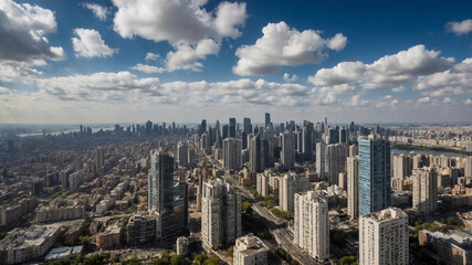 Obraz premium Expansive aerial cityscape view with towering skyscrapers under a cloudy sky, city stretching to horizon