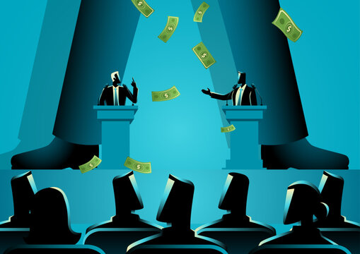 Giant figure behind debating politicians, showering them with money, symbolizing the hidden influence of powerful elites controlling governments. Concepts of behind the scenes manipulation in politics