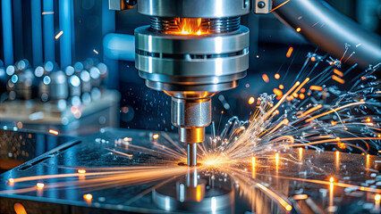 A CNC machine cuts through metal, producing bright sparks in an industrial workshop. The environment is filled with advanced technology and mechanical tools, highlighting precision engineering