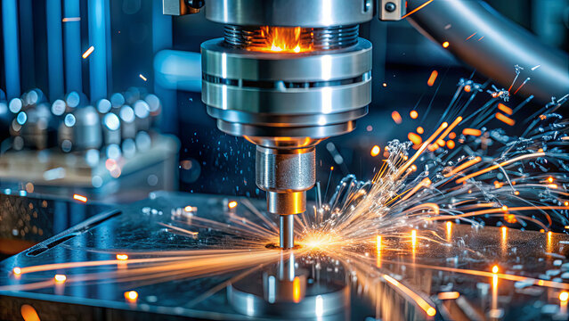 A CNC machine cuts through metal, producing bright sparks in an industrial workshop. The environment is filled with advanced technology and mechanical tools, highlighting precision engineering