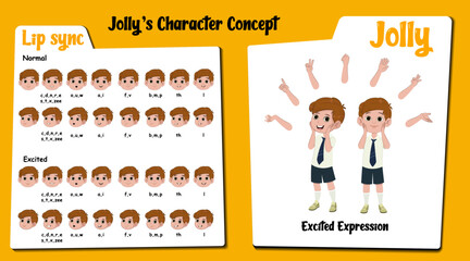 Excited boy cartoon. Excited school boy cartoon character. Excited boy face lip sync set and hand gesture. Excited boy vector, illustration, clipart