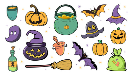 Halloween holiday sticker set with traditional symbols, pumpkins and bats, witch hats, spiders, cauldron and ghosts. Vector illustration.
