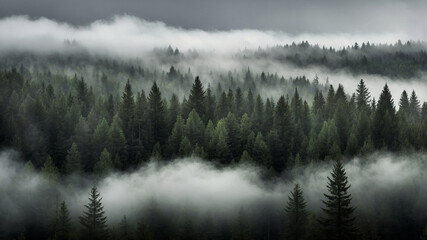 Fototapeta premium Misty forest with tall trees and a lush green understory, evoking a serene and mysterious ambiance.