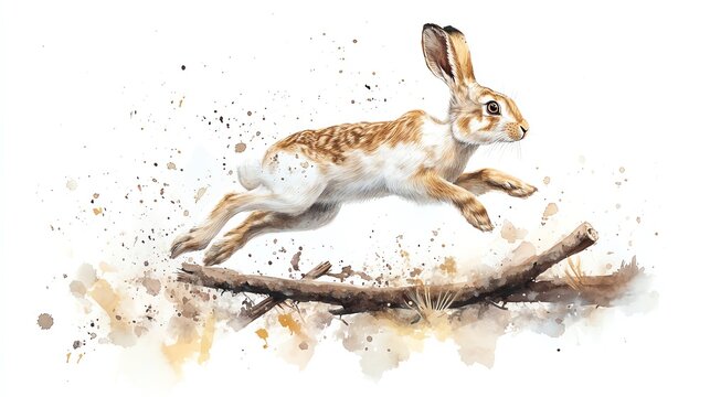 Field hare jumping over fallen branches
