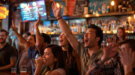 Obraz premium Friends Excitedly Celebrating in a Bar