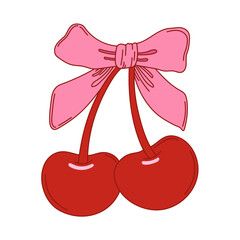Coquette cherries with bow. Cherry with ribbon. Vector illustration for posters, cards, logo, printing on t-shirt etc.