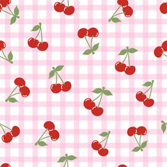 Seamless pattern with red cherries on gingham plaid background. Pattern in style of picnic. Editable vector illustration for wrapping paper, packaging, fabric, wallpaper, phone case etc.