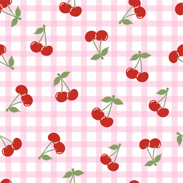Seamless pattern with red cherries on gingham plaid background. Pattern in style of picnic. Editable vector illustration for wrapping paper, packaging, fabric, wallpaper, phone case etc.