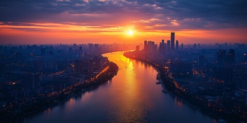 Fototapeta premium Aerial View of Urban Sprawl at Sunset