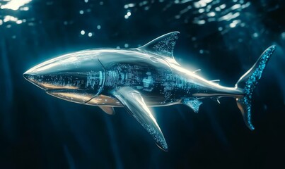 Obraz premium A metallic shark with glowing blue data.
