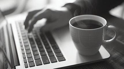 Fototapeta premium A person working on a laptop with a cup of coffee.