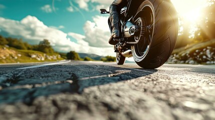 A motorcycle is on a road with a clear blue sky in the background