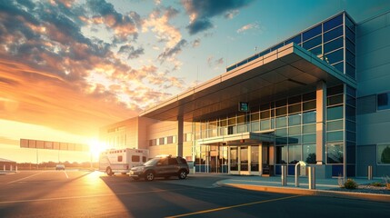 A modern hospital exterior at sunset, with patients and ambulances arriving at the emergency entrance.