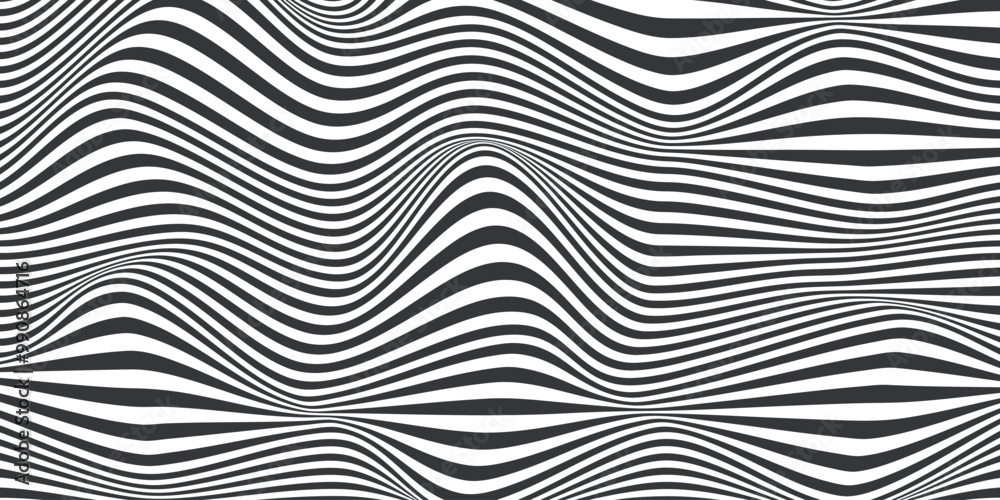 Poster Abstract horizontal background with dynamic waves. Trendy vector illustration in style retro 60s, 70s. White and black colors