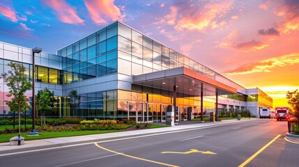 Obraz premium A modern hospital exterior at sunset, with patients and ambulances arriving at the emergency entrance.
