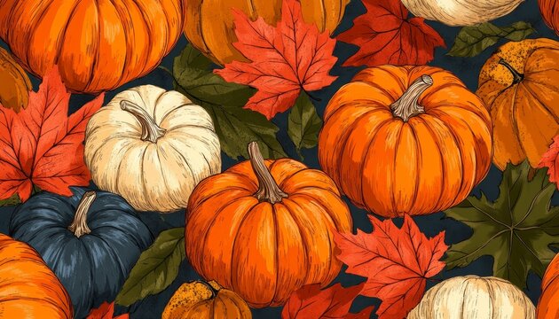 Hand-Drawn Doodle Style Pumpkins in Seamless Pattern on White Background