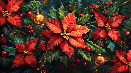 Joyful Christmas background with poinsettias, holly, and a decorated Christmas tree