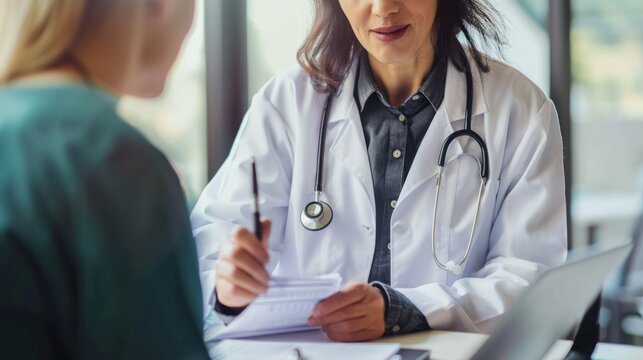 A mature doctor consulting with a patient, providing expert medical advice.