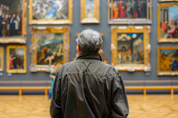 Fototapeta premium Back of an adult person looking at renaissance style paintings in an old museum art gallery