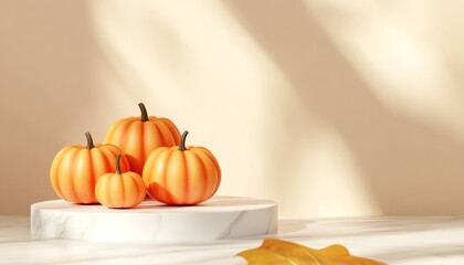 Modern Interior with Thanksgiving Pumpkins on Minimalistic Podium