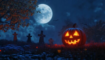 Fototapeta premium Halloween Jack-o'-Lantern in Creepy Cemetery with Full Moon
