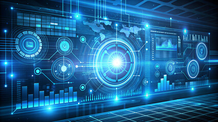 A high-tech digital interface displays intricate data visualizations and analytics, featuring glowing graphs, world maps, and futuristic graphics in a modern setting
