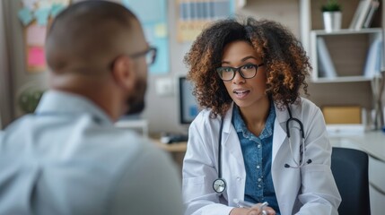 A healthcare professional providing a wellness consultation to a patient in a clinic setting.