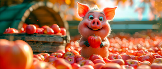 Close up smiley pig standing in pile of red apples