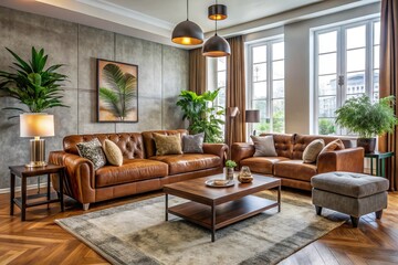 A modern living room boasts a plush brown suede sofa, sophisticatedly complemented by chic accent chairs that add