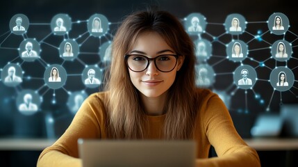 A young woman with glasses sits in front of a laptop with a network of people icons behind her.  She is smiling and looking at the camera.