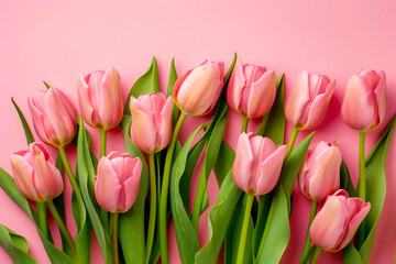 Obraz premium Beautiful composition spring flowers. Bouquet of pink tulips flowers on pastel pink background. Valentine's Day, Easter, Birthday, Happy Women's Day, Mother's Day. Flat lay, top view, copy space