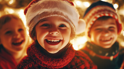 Three smiling children in festive hats, enjoying the holiday season with glowing Christmas lights in the background, radiating joy and excitement.