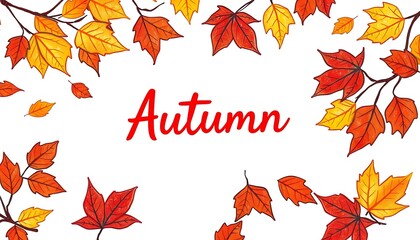With the arrival of autumn, the fallen leaves begin to disperse. Autumn is written in the middle of the picture. pattern drawing.