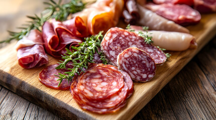 A rustic board with various cured meats like salami, pepperoni and ham with fresh herbs like rosemary