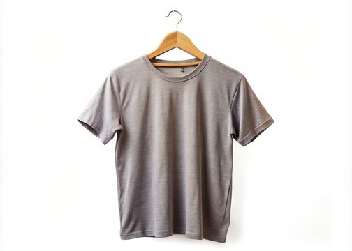 A plain gray shirt dangles listlessly on a wooden frame, suspended in mid-air, its neutrality emphasized by the