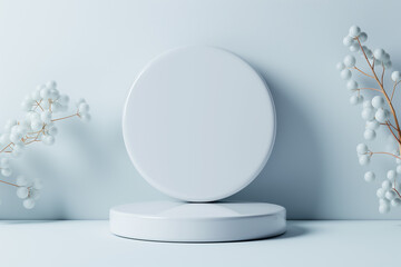 A serene arrangement features two circular platforms placed one atop the other, surrounded by elegant white botanical accents against a pale backdrop