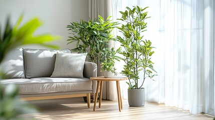 Light filled living room with a single sofa a small wooden coffee table and a few green plants open and airy space less is more philosophy