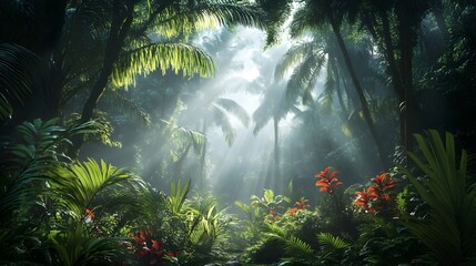 Fototapeta premium Lush and Atmospheric Misty Rainforest Landscape with Towering Trees Exotic Plants and a Sense of Mystery and Adventure